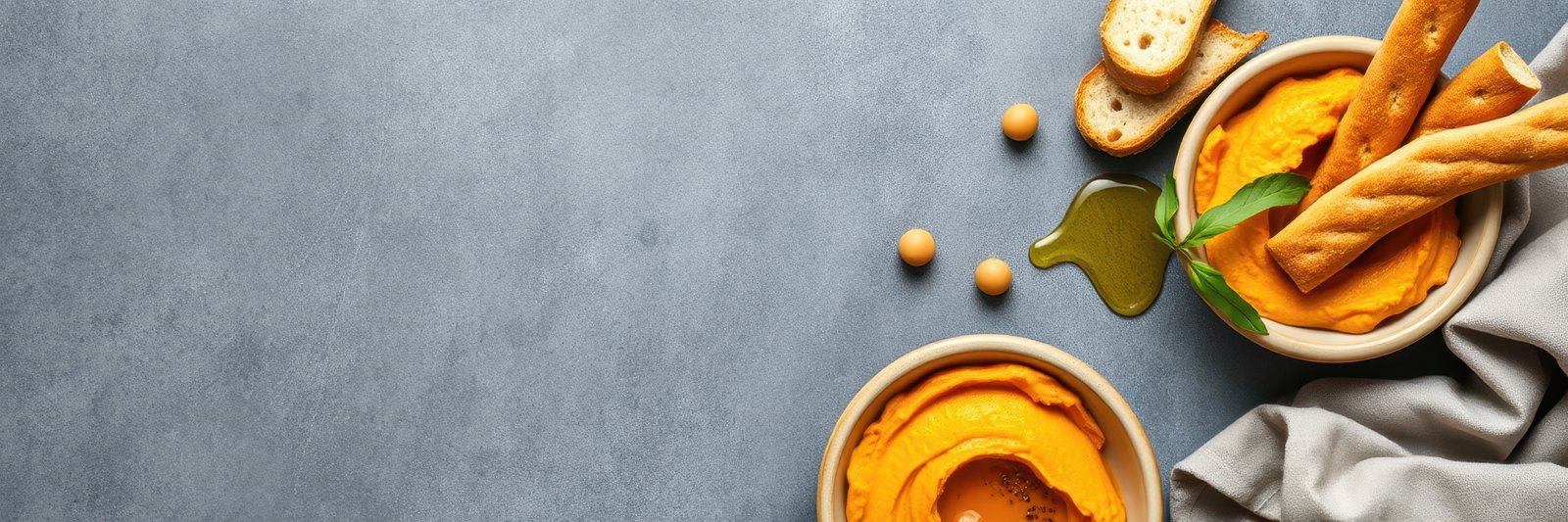 Delicious hummus served with crispy breadsticks and a drizzle of olive oil on a rustic tabletop